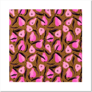 Pretty pink pear pattern on brown background Posters and Art